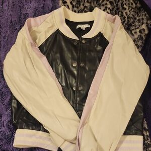 HYFVE Black and Cream Varsity Jacket with Lavender Accents
